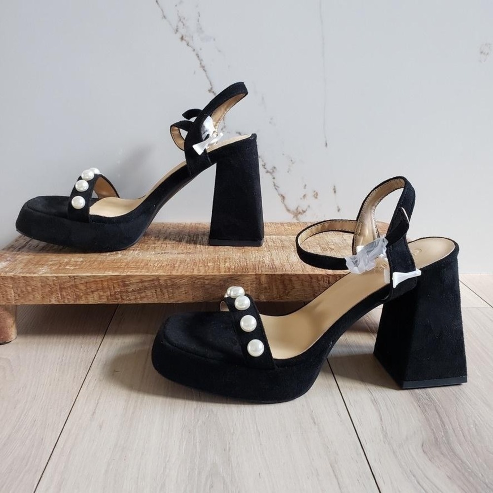 Chunky‎ Heels Womens 6.5 Black Faux Suede Pearl Slingback Platform Block Sandals